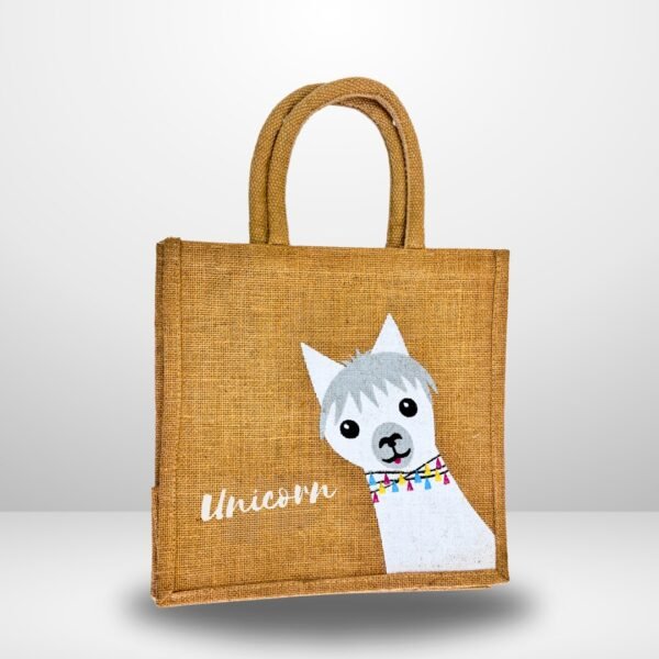Brown Jute Tote Bag with Cute Dog Print